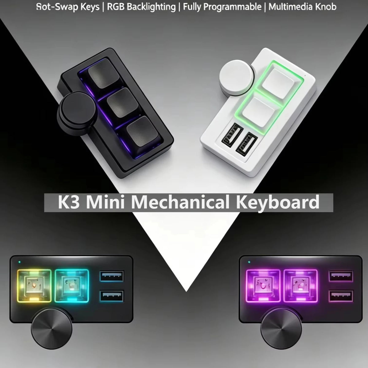 A K3 Mini Mechanical Keyboard shown with RGB backlighting and a multimedia knob, featuring hot-swappable keys.