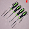 A set of four automotive pick and hook tools with black handles and lime green tips shown against a light background.