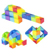 A colorful, transformable fidget puzzle toy made of interlocking plastic pieces in rainbow colors.