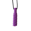 A purple silicone sensory chew necklace pendant with a black cord.