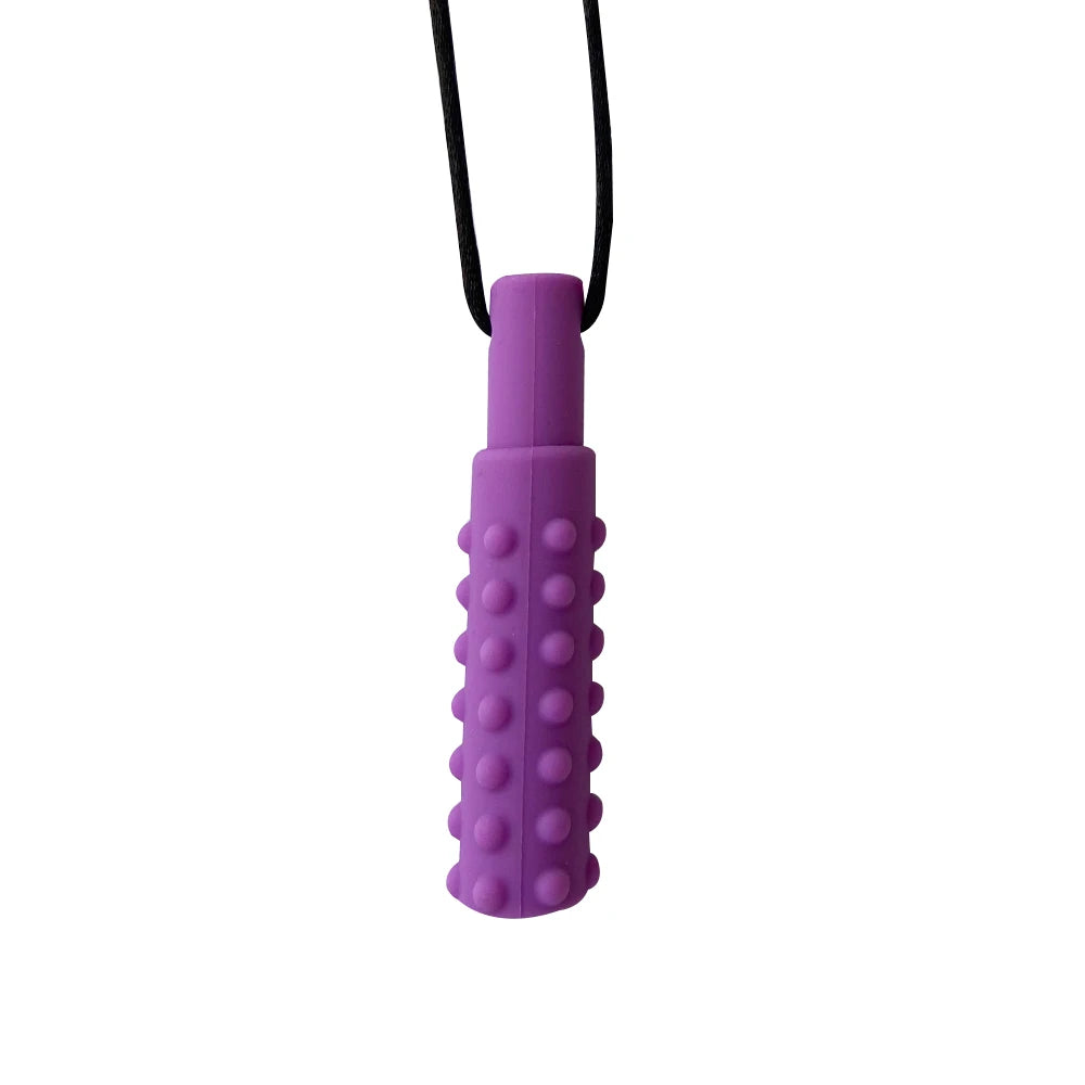 A purple silicone sensory chew necklace pendant with a black cord.