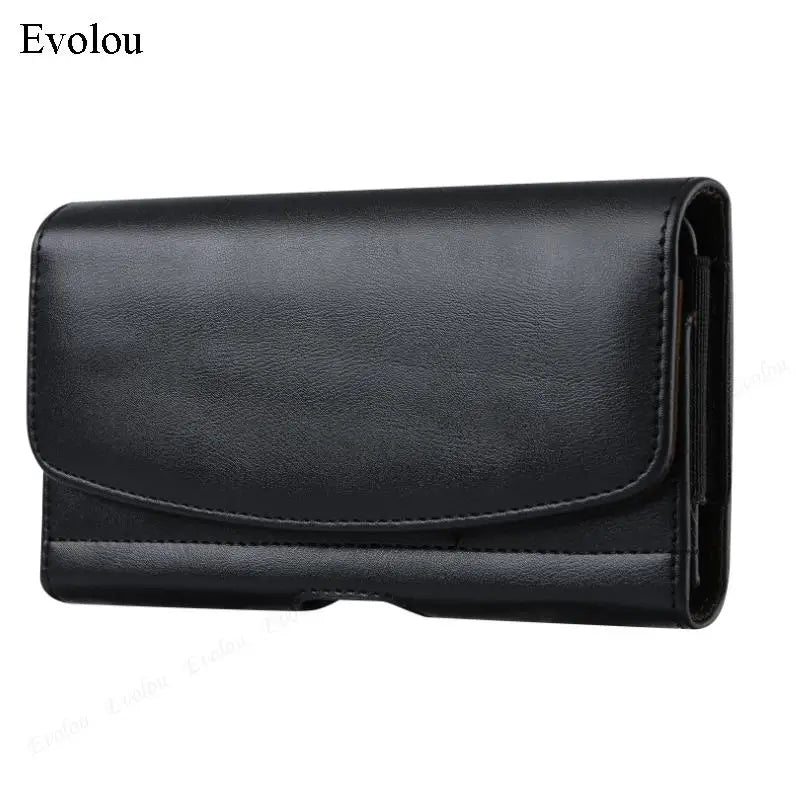 Black magnetic leather phone pouch with a belt clip holster.