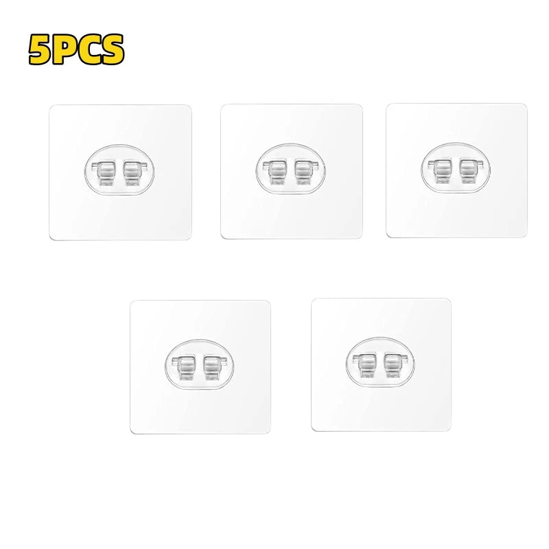 Five sets of no-drill adhesive hooks with strong grip shown in individual packaging.
