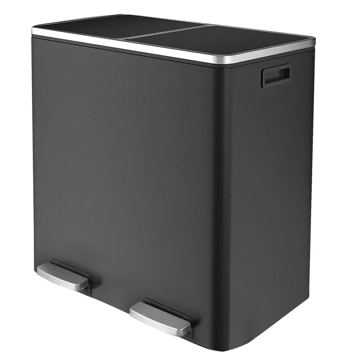 A dark gray dual compartment recycling trash can with a silver trim and soft-close lid.