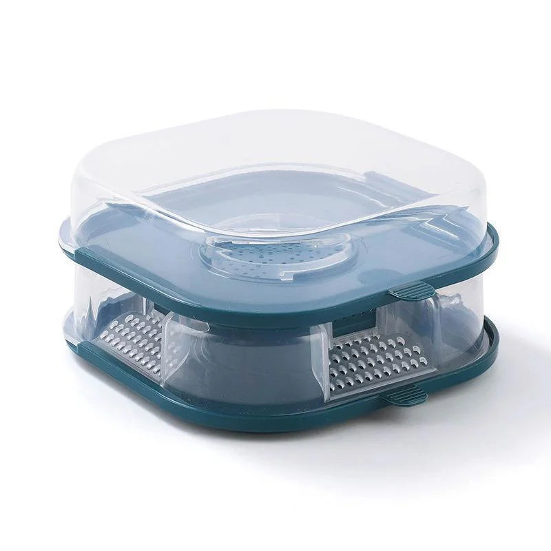 A clear plastic reusable non-toxic cockroach trap with a blue lid and mesh bottom.