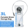 A clear portable water storage bag with a flexible tube and fitting for hydration.
