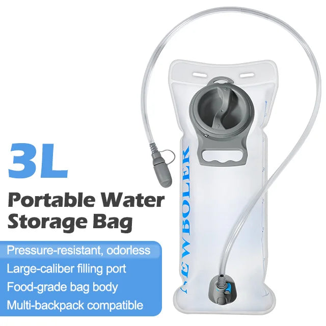 A clear portable water storage bag with a flexible tube and fitting for hydration.