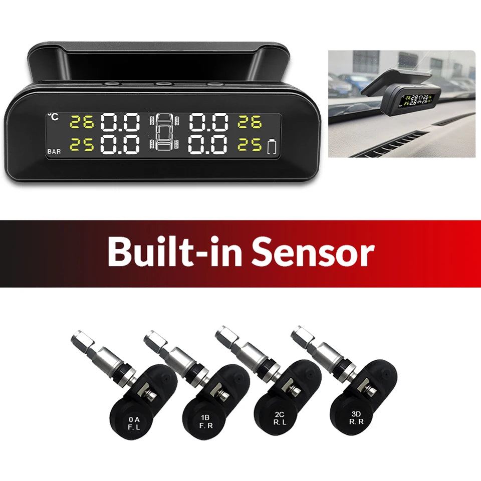 Black built-in sensor tire pressure monitoring device with four external sensors for vehicle monitoring