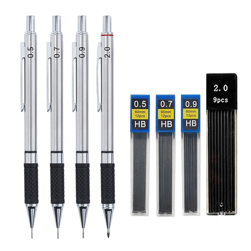 A set of professional metal mechanical pencils with various diameters 0.5 to 2.0, including grips and leads.