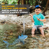 A smiling toddler is playing with a blue remote control shark toy in shallow water.