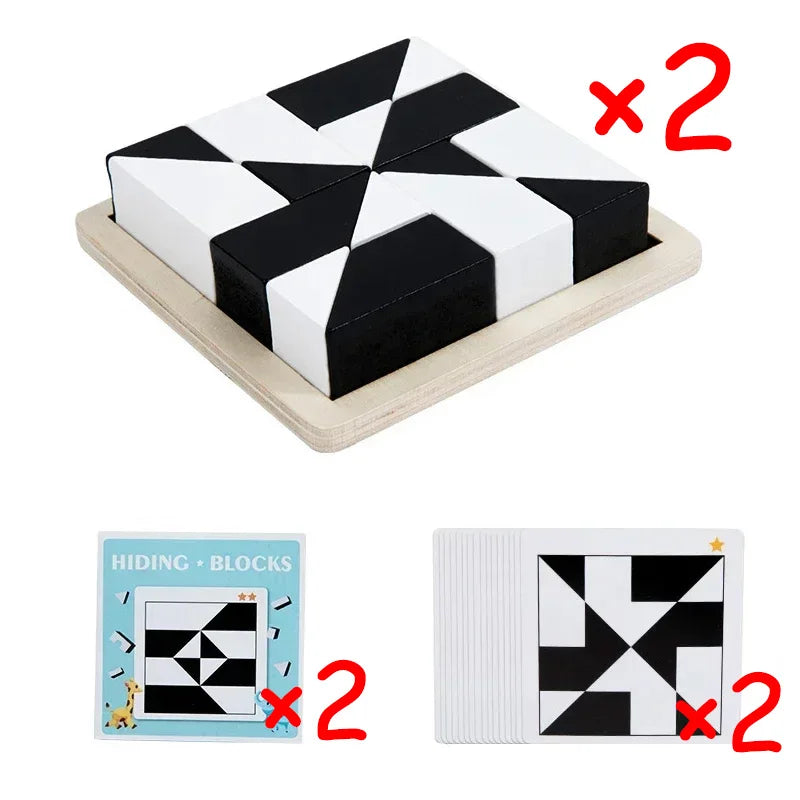 Wooden Geometric Shape Puzzle Blocks with Pattern Cards - Educational Logic Game for Kids