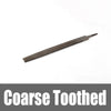 A flat file with a coarse toothed edge made of high carbon steel for precision metalworking.