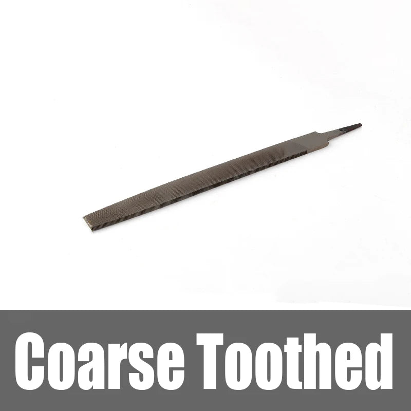 A flat file with a coarse toothed edge made of high carbon steel for precision metalworking.