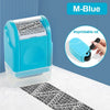 A blue roller identity protection stamp with an imprintable oil label on a white marble surface.