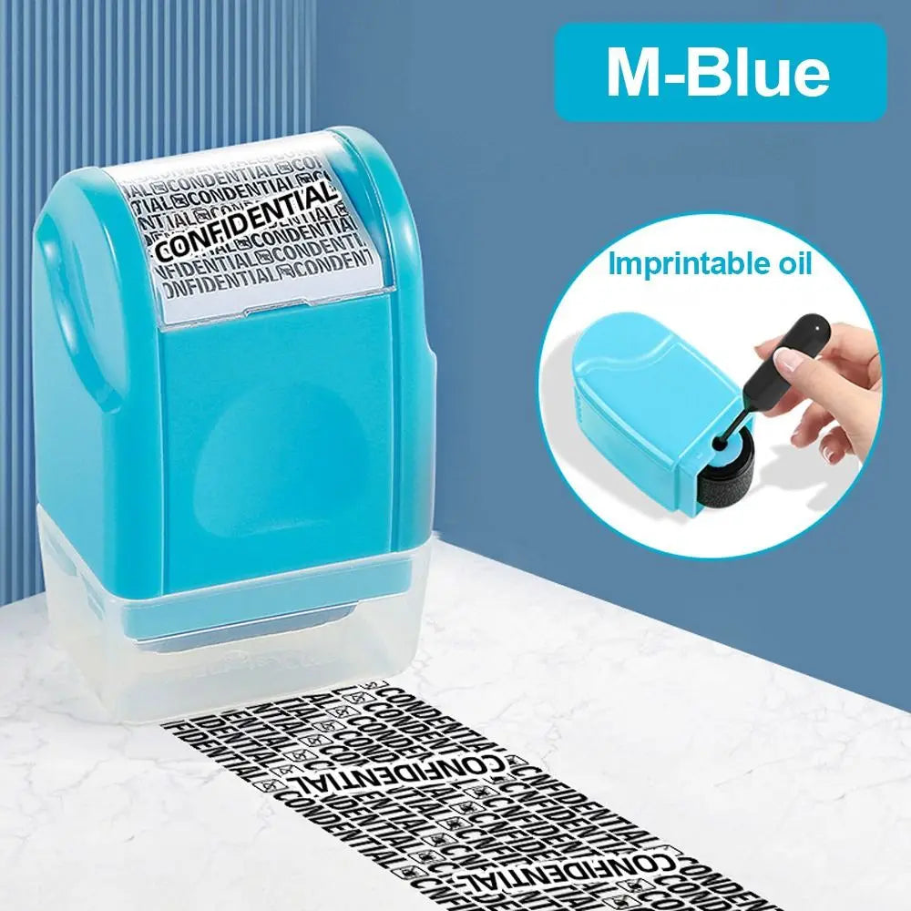 A blue roller identity protection stamp with an imprintable oil label on a white marble surface.