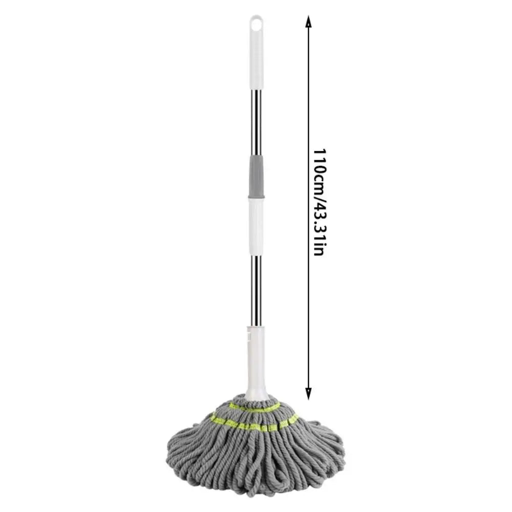A long, white hands-free self-wringing spin mop with a gray rotating head and yellow accents.