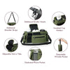A green stroller storage organizer bag showing various features like hooks, cup holders, velcro tabs, and a detachable wristl
