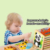 A toddler is playing with a wooden puzzle set featuring cartoon animals and traffic shapes for hands-on learning.