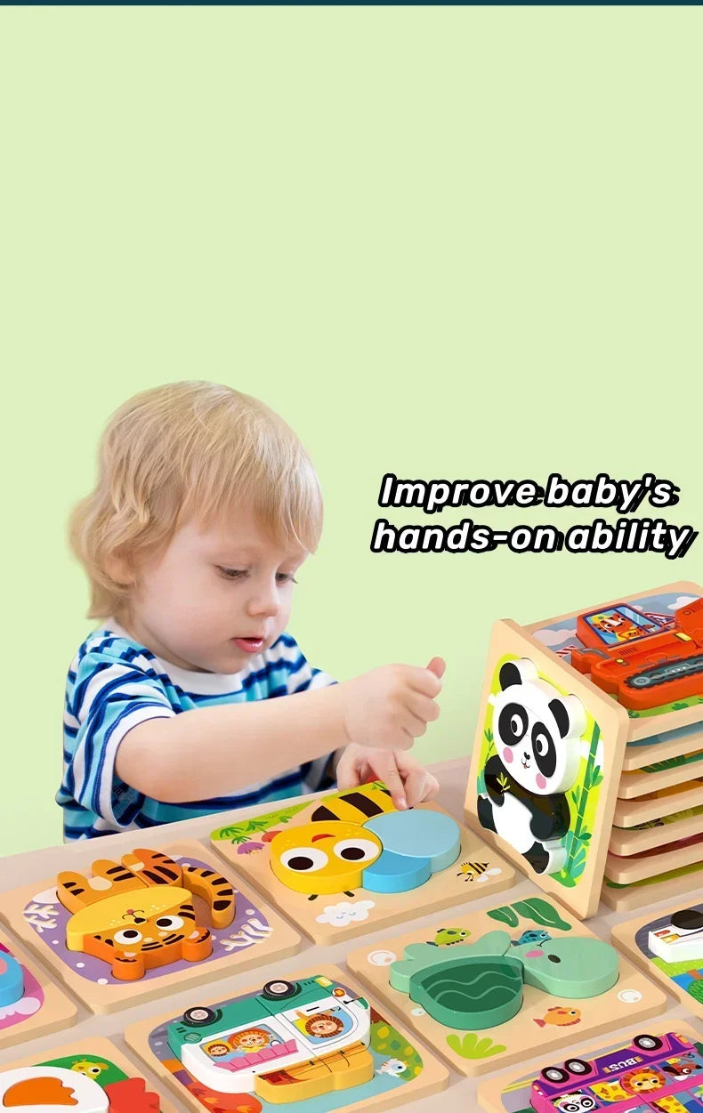 A toddler is playing with a wooden puzzle set featuring cartoon animals and traffic shapes for hands-on learning.