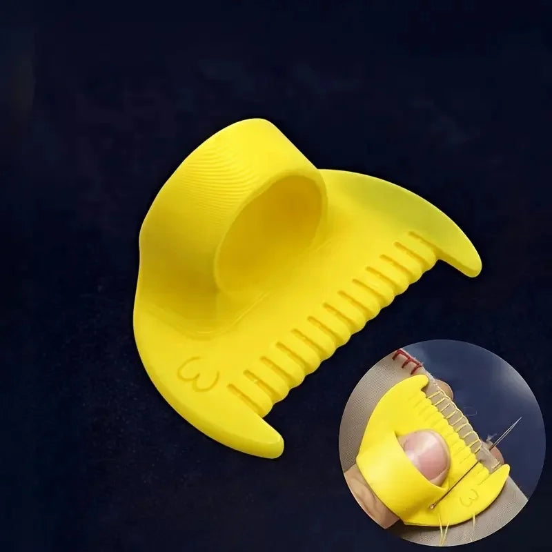 A bright yellow adjustable stitch tool for knitting and sewing is shown in various angles.