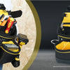 A yellow and black heavy-duty tool pouch with a hammer holder is shown being worn on a person's body.