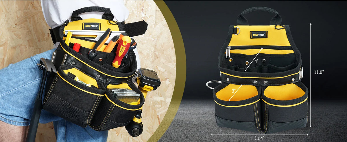 A yellow and black heavy-duty tool pouch with a hammer holder is shown being worn on a person's body.
