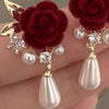 Vintage Velvet Rose Pearl Earrings for Women