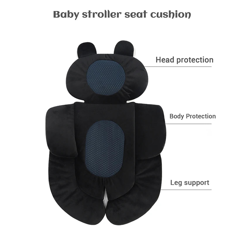 Black baby stroller seat cushion with separate head protection, body protection, and leg support pads.