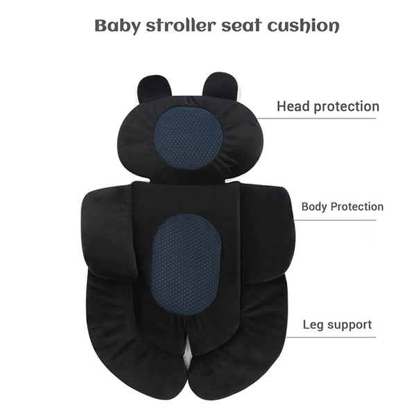 Black baby stroller seat cushion with separate head protection, body protection, and leg support pads.