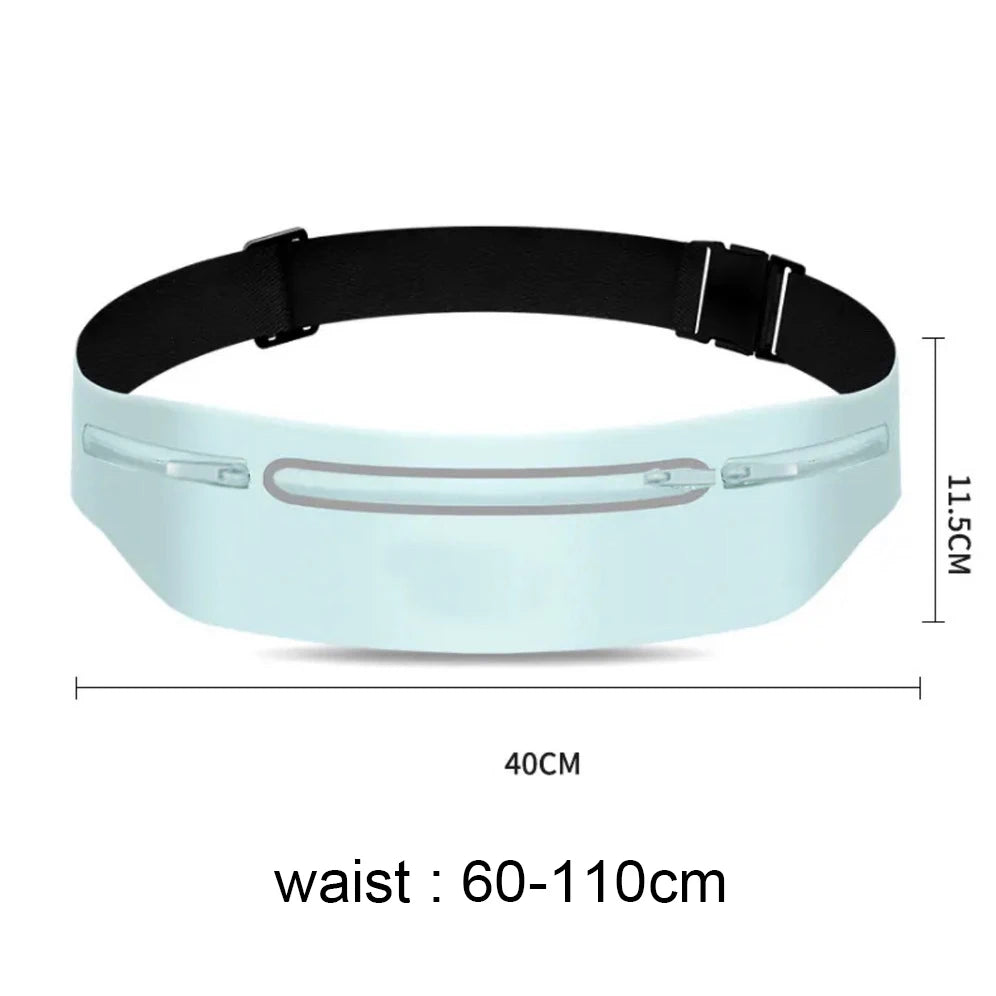 A light blue, ultra-thin waterproof running waist pack with a black strap shown flat.