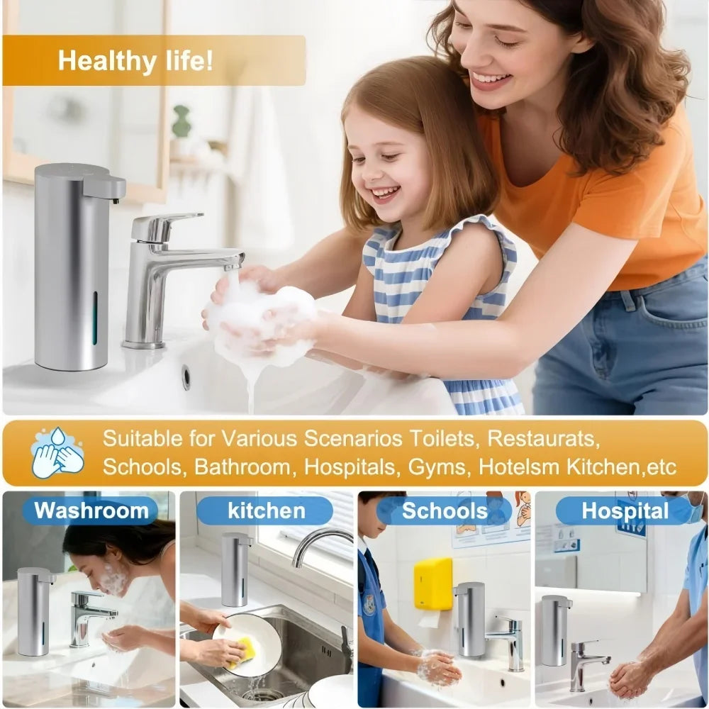 A woman is dispensing foam soap from a stainless steel touchless automatic dispenser into a sink.
