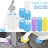 A set of disposable toilet brushes in blue and purple, including a wall-mountable holder and an extended handle.