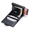A black slim carbon fiber RFID blocking wallet is open, displaying cash and several credit cards.