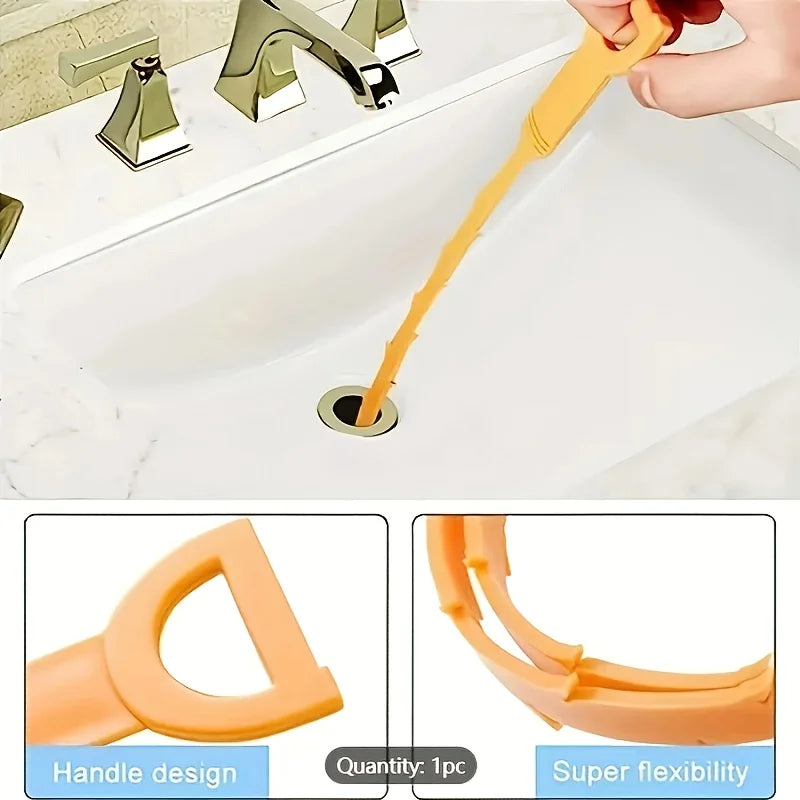 An orange flexible drain cleaning tool is shown being used in a white sink, highlighting its handle design and super flexibil
