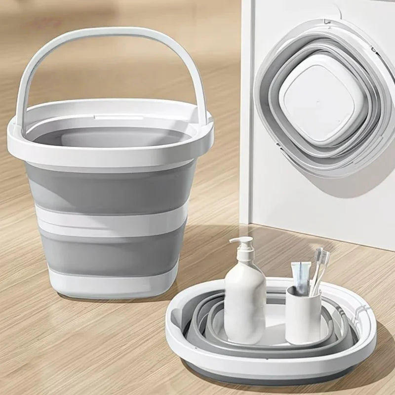 A white and gray collapsible portable bucket is shown next to its folding container.