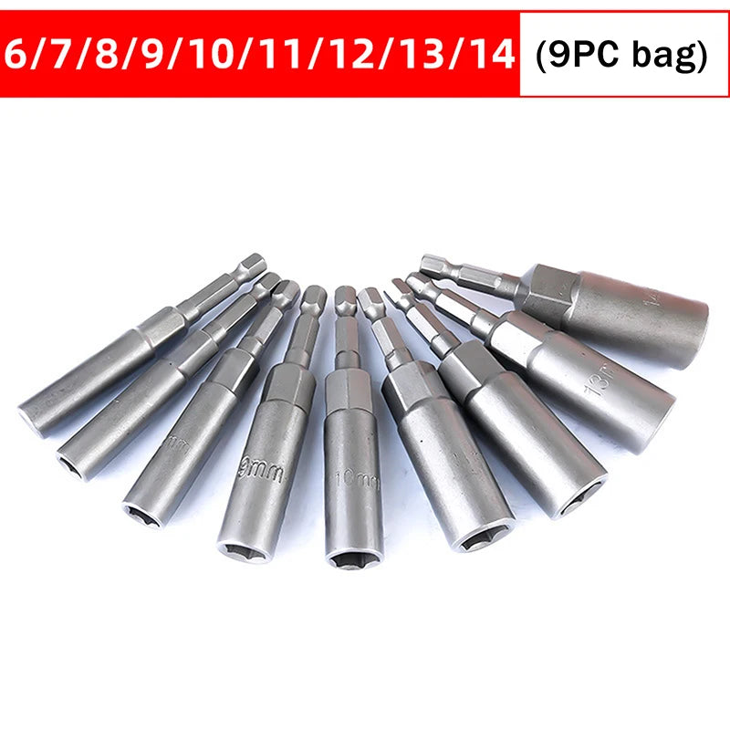 A set of stainless steel nut driver bits ranging from 6mm to 14mm, packaged in a 9 piece bag.