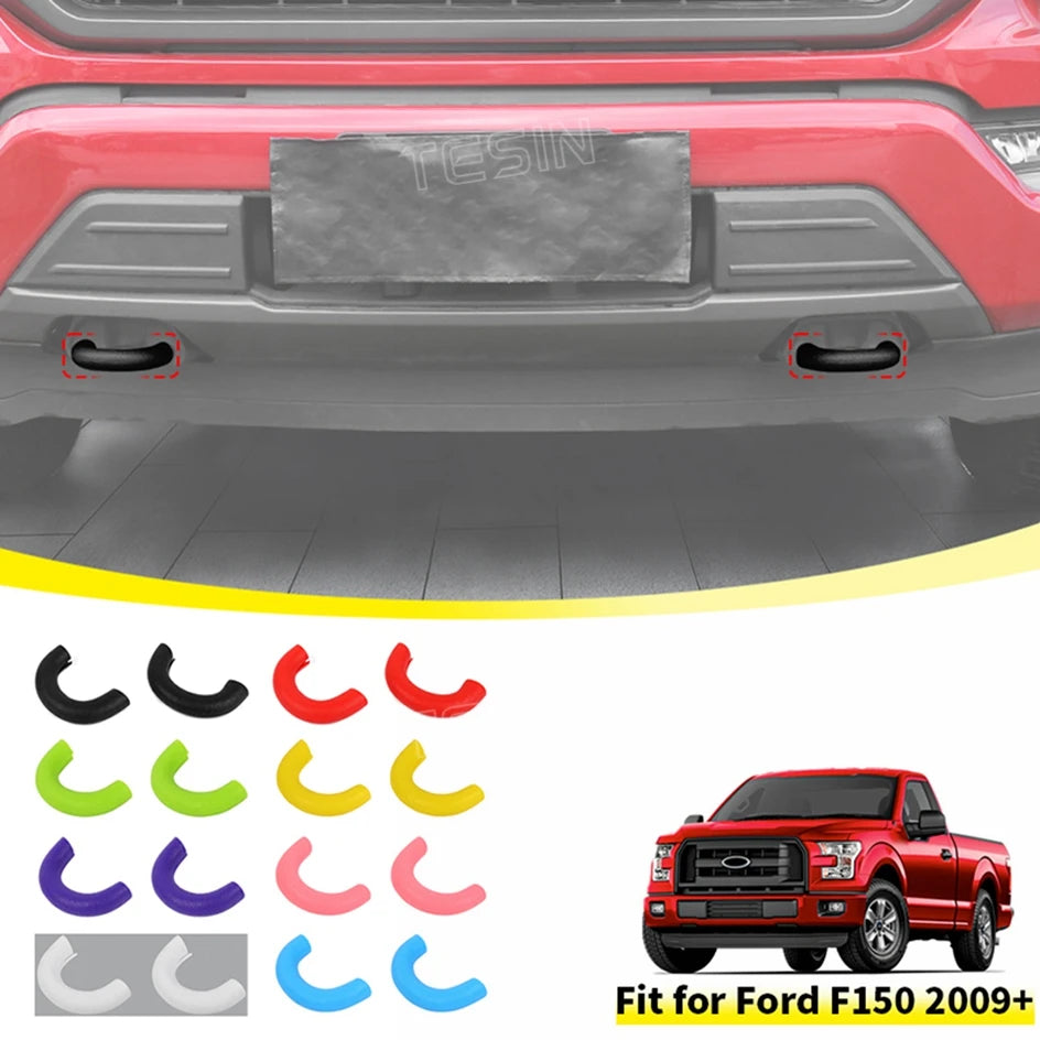 Set of TPE front bumper tow hook covers for Ford F150 trucks, including various colored and shaped hooks.