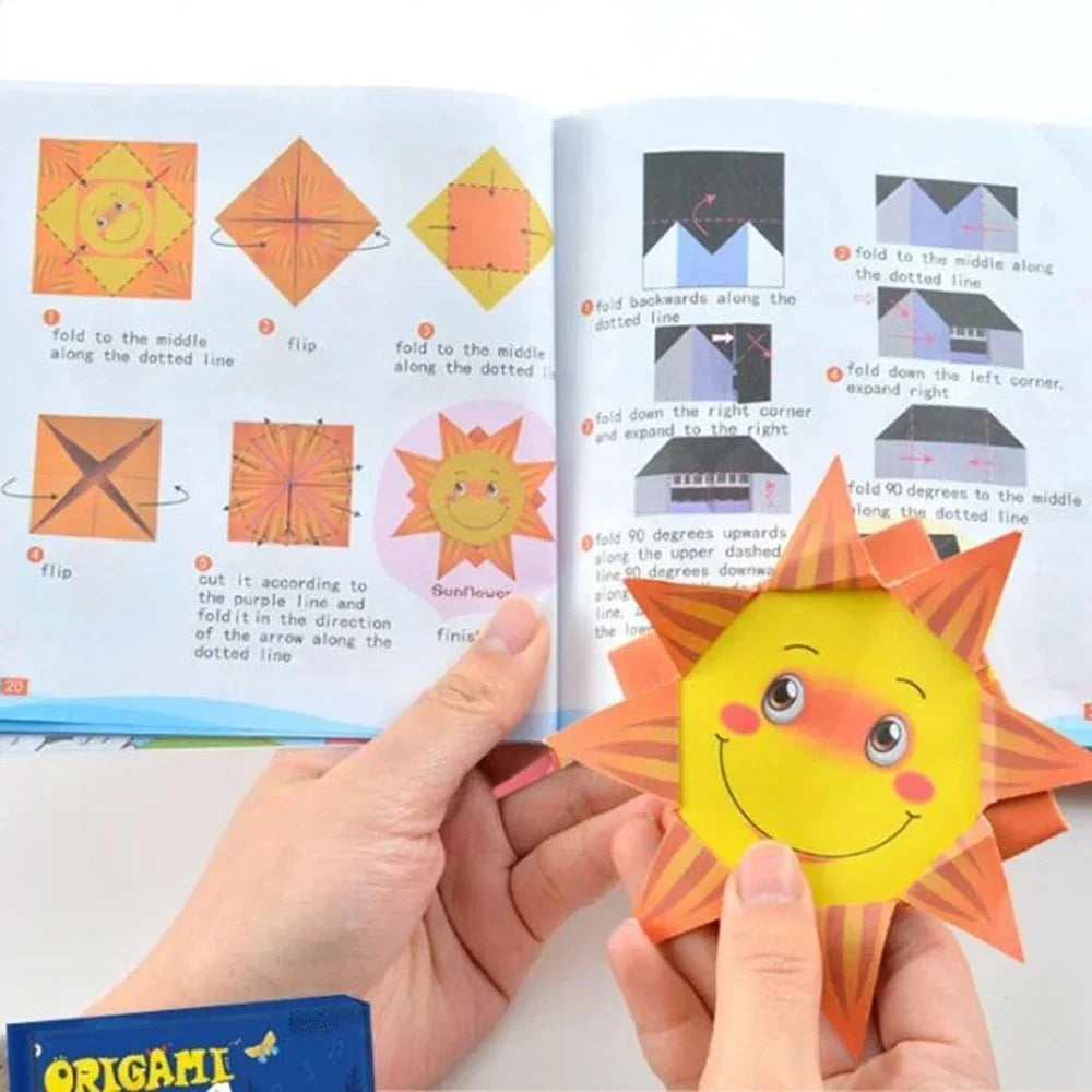 A page from an origami craft kit showing folding instructions for creating a yellow sun-like animal shape.