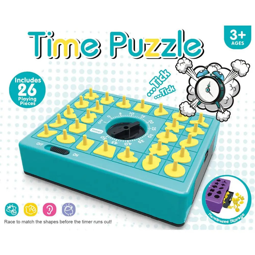 A blue Time Puzzle game featuring yellow shapes and a timer, designed for kids aged 3 plus.