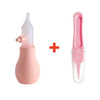 A pink gentle baby nasal aspirator with a silicone tip and a clear plastic container.