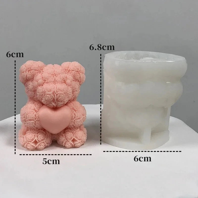 A pink 3D rose bear silicone mold shown next to a cylindrical white mold, with dimensions labeled.