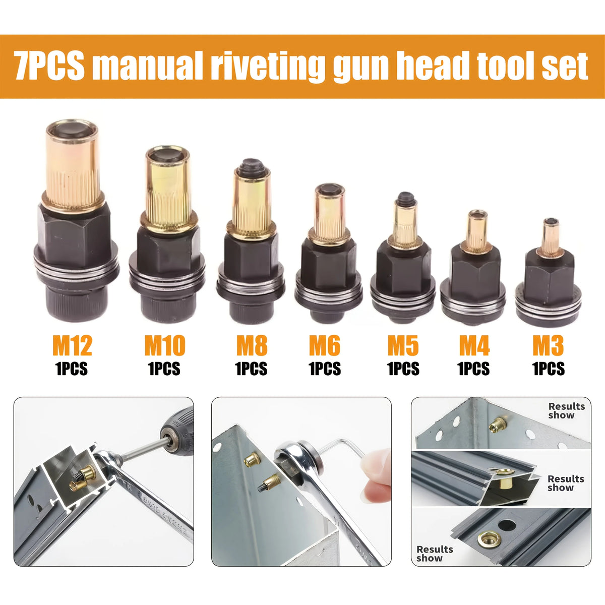 A set of seven manual riveting gun head tools with mandrels ranging from M3 to M12, shown in various angles.