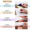 Instructions for using a tattoo practice skin and thermal transfer paper combo kit, showing four steps.