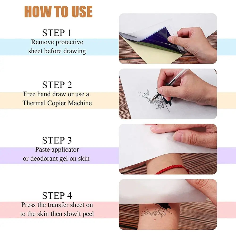 Instructions for using a tattoo practice skin and thermal transfer paper combo kit, showing four steps.