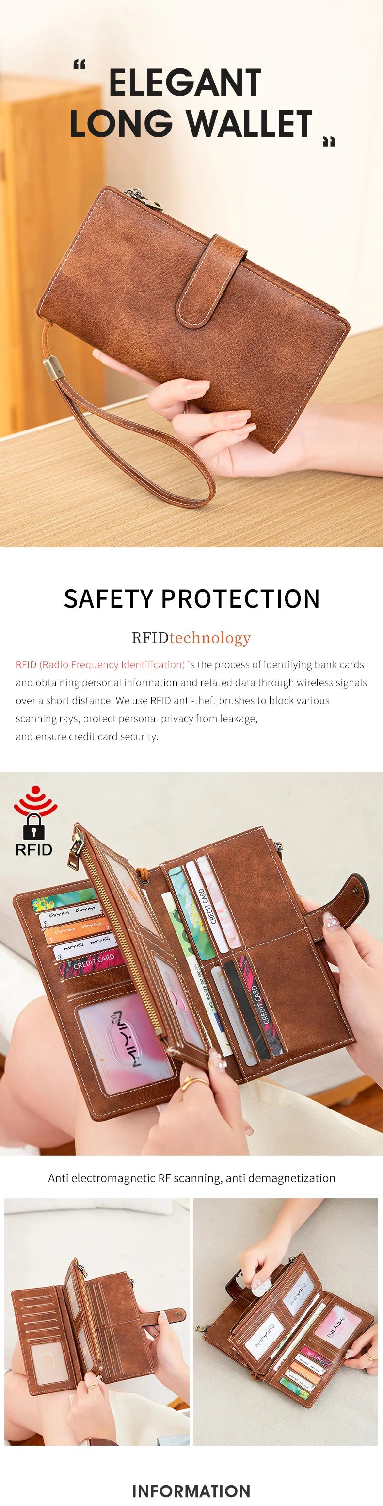 Vintage RFID-Blocking Long Wallet with Wristlet Strap