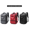 Three color options of an expandable travel laptop backpack shown side by side.