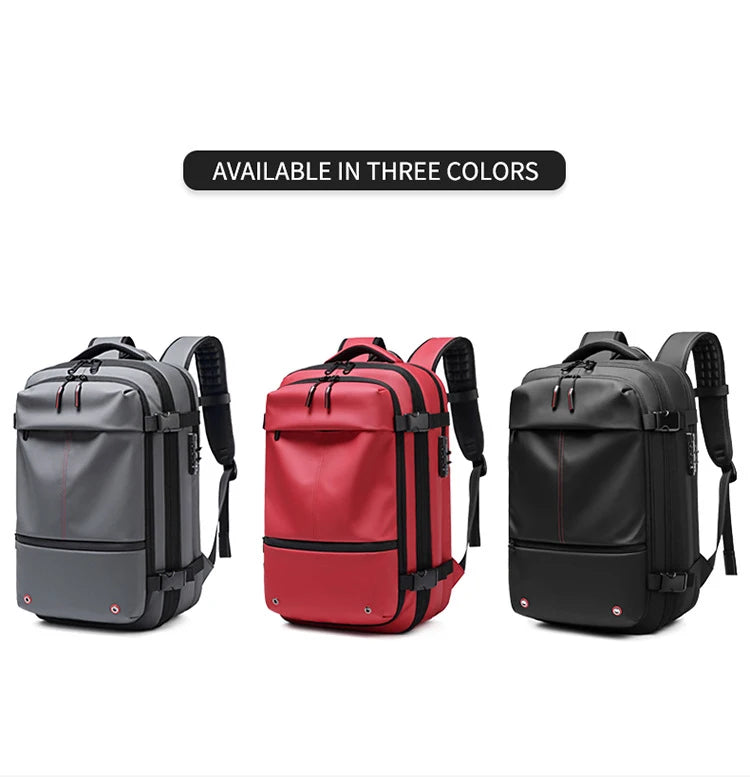 Three color options of an expandable travel laptop backpack shown side by side.