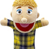 A soft hand puppet with blonde hair and a plaid yellow shirt, featuring a movable mouth for kids.