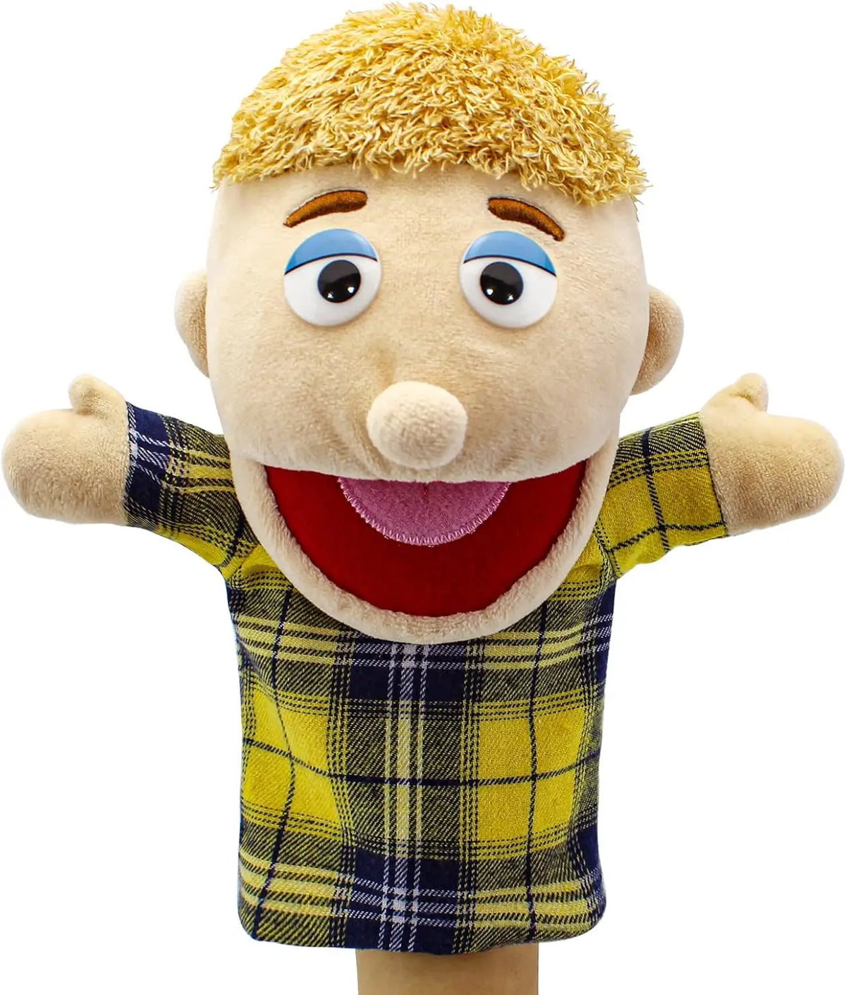 A soft hand puppet with blonde hair and a plaid yellow shirt, featuring a movable mouth for kids.
