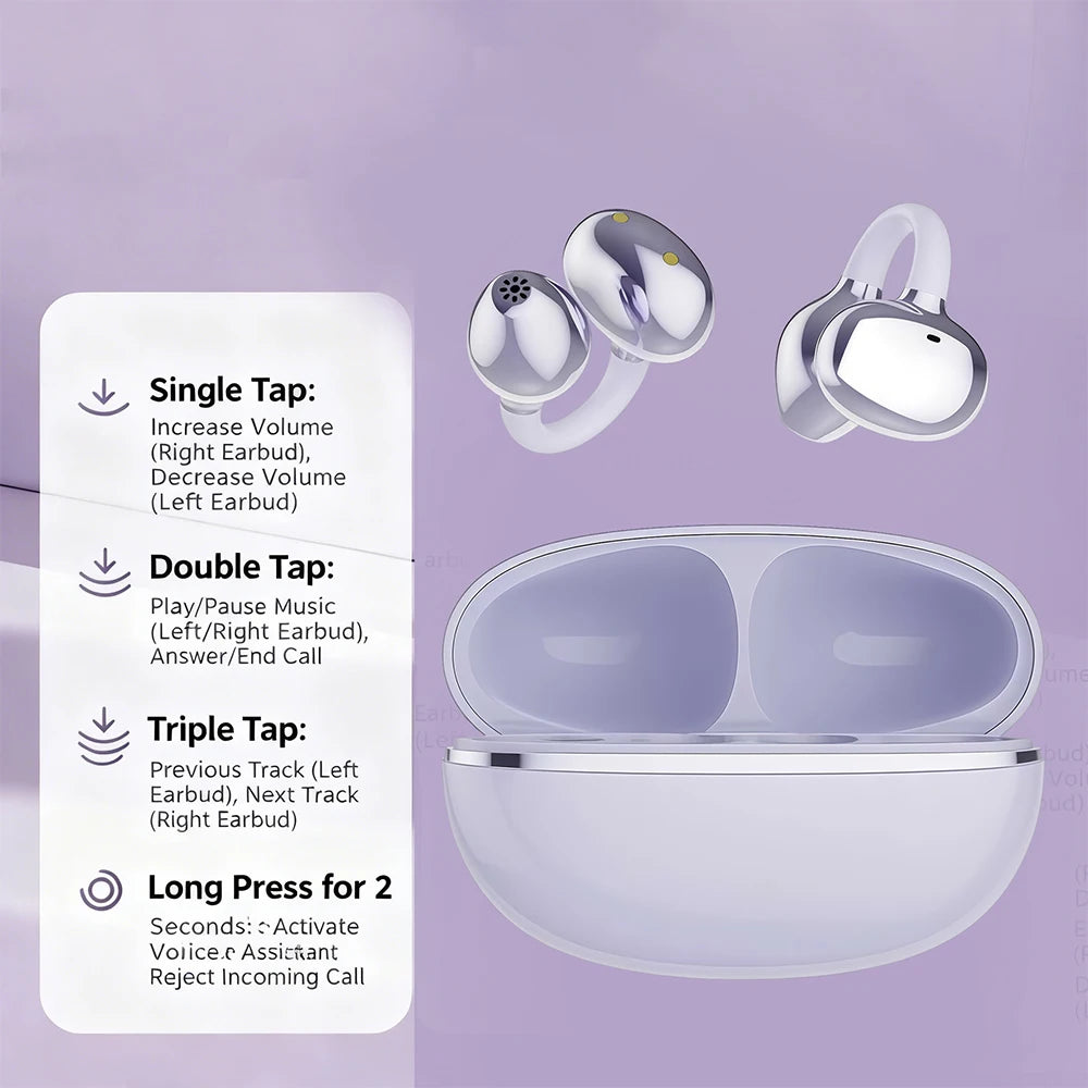 A set of silver clip-on wireless earbuds shown with various tap and press functions.